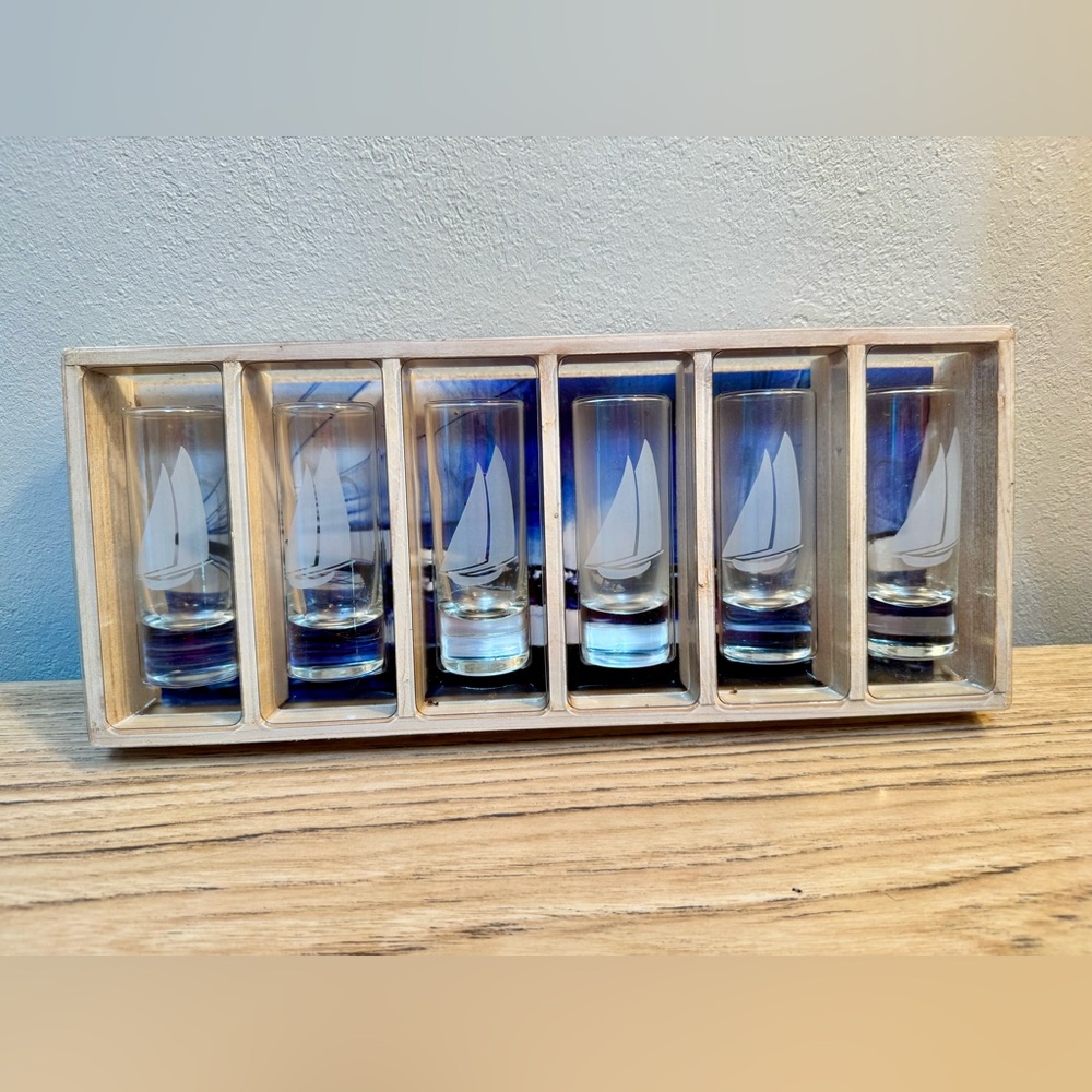 Vintage Set (6) Royal Copenhagen Denmark Sailboat Cordial Shot Glasses - NIB